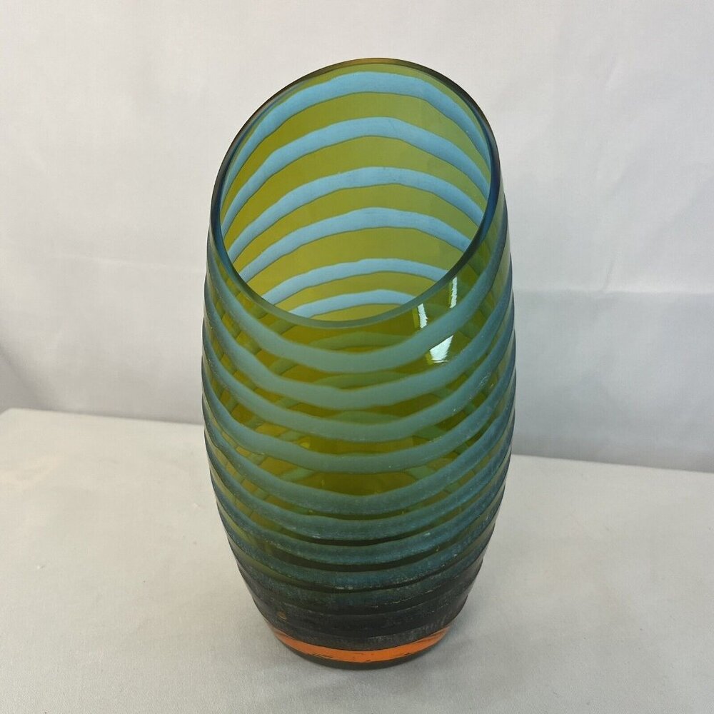 $55 Vintage Cyan Design Angle Cut Etched Art Deco Glass Tall Vase Green Blue - Picture 5 of 7